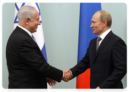 Prime Minister Vladimir Putin at a meeting with Israeli counterpart Benjamin Netanyahu