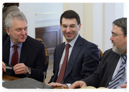 Minister of Industry and Trade Viktor Khristenko, Minister of Communications and Mass Media Igor Shchegolev and head of the Federal Antimonopoly Service Igor Artemyev at a meeting of the Government Commission on Monitoring Foreign Investment