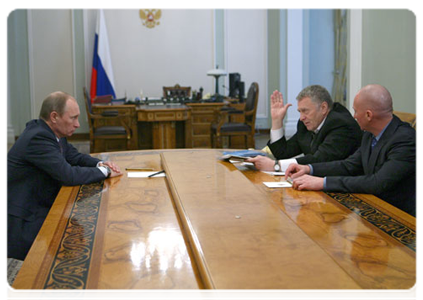 Prime Minister Vladimir Putin with Deputy State Duma Speaker and Liberal Democratic Party leader Vladimir Zhirinovsky and LDPR parliamentary leader Igor Lebedev