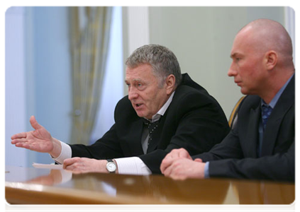 LDPR leader Vladimir Zhirinovsky and parliamentary head of the LDPR Igor Lebedev meeting with Vladimir Putin