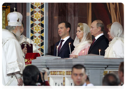 Prime Minister Vladimir Putin attends an Easter service at Moscow's Christ the Saviour Cathedral