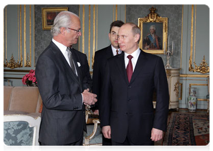 Prime Minister Vladimir Putin meets with King Carl XVI Gustaf of Sweden