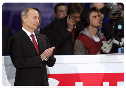 Prime Minister Vladimir Putin takes part in the opening ceremony of the World Figure Skating Championships in Moscow