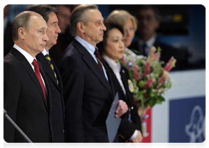 Prime Minister Vladimir Putin takes part in the opening ceremony of the World Figure Skating Championships in Moscow