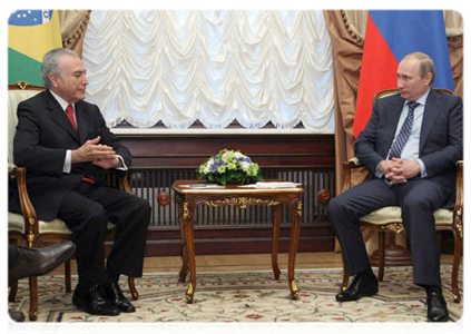 Prime Minister Vladimir Putin meeting with Brazilian Vice President Michel Temer as part of the high-level Russian-Brazilian commission for cooperation