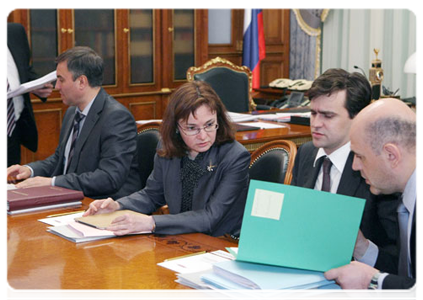 Economic Development Minister Elvira Nabiullina at a meeting on tax legislation related to transfer pricing