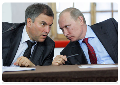 Prime Minister Vladimir Putin with Deputy Prime Minister and Government Chief of Staff Vyacheslav Volodin