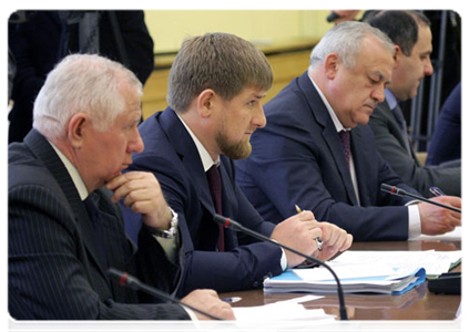 Chechen President Ramzan Kadyrov at a meeting of the government commission on the socio-economic development of the North Caucasus Federal District