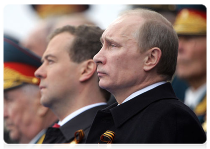 Председатель Правительства Российской Федерации В.В.Путин во время военного парада на Красной площади, посвященного 66-й годовщине Победы в Великой Отечественной войне