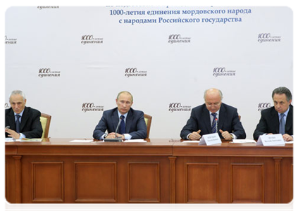 Prime Minister Vladimir Putin holds a meeting of the steering committee charged with organising the celebrations of the 1,000th anniversary of the unification of the Mordovian and Russian peoples
