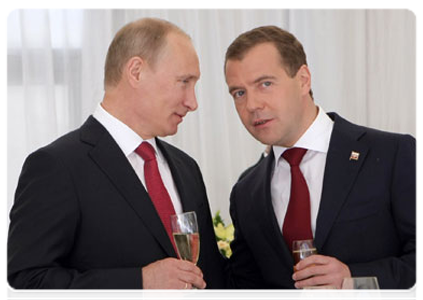 President Dmitry Medvedev and Prime Minister Vladimir Putin at a gala events devoted to Russia Day
