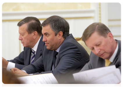 First Deputy Prime Minister Viktor Zubkov, Deputy Prime Minister, Chief of Staff of the Government Executive Office Vyacheslav Volodin, and Deputy Prime Minister Sergei Ivanov