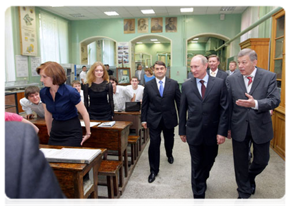 Prime Minister Vladimir Putin on a visit to Moscow State University of Railway Communications