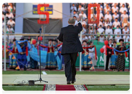 Prime Minister Vladimir Putin visits the Central Stadium in Ulan-Ude, the largest stadium in the republic, ahead of celebrations marking the 350th anniversary of Buryatia’s accession to the Russian state