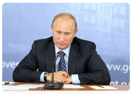 Prime Minister Vladimir Putin chairing a meeting on low-rise housing construction at Stupino
