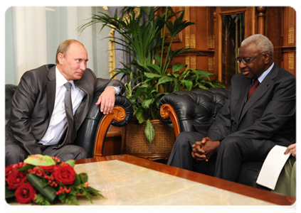 Prime Minister Vladimir Putin at a meeting with President of the  International Association of Athletics Federations (IAAF)  Lamine Diack