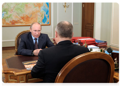 Prime Minister Vladimir Putin meets with Sergei Borisov, head of the OPORA Russia national organisation of small and medium business