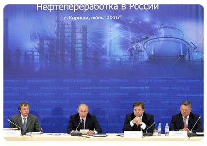 Prime Minister Vladimir Putin holding a meeting in Kirishi on Russia’s refining industry and petroleum product market