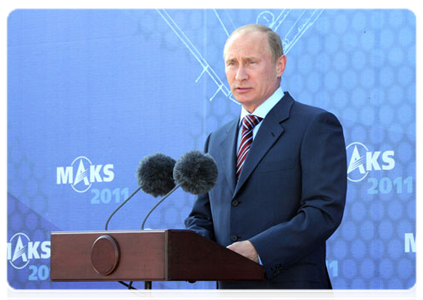 Председатель Правительства Российской Федерации В.В.Путин выступил на торжественном мероприятии, посвященном открытию юбилейного, 10-го Международного авиационно-космического салона «МАКС-2011»