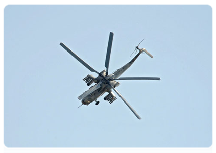 The Russian Mi-28N (Night Hunter) new combat helicopter performing a demonstration flight at the MAKS-2011 international air show