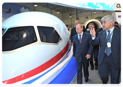 Prime Minister Vladimir Putin at the Unified Aircraft Corporation pavilion