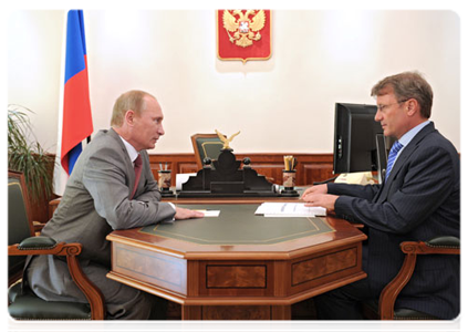 Prime Minister Vladimir Putin at  a meeting with Sberbank Chairman and CEO German Gref