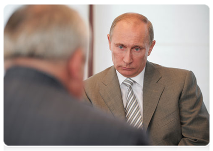 Prime Minister Vladimir Putin during a meeting with Taimuraz Mamsurov, leader of North Ossetia – Alaniya