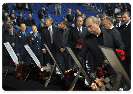 Prime Minister Vladimir Putin arrives in Yaroslavl to attend a memorial service for the members of the Lokomotiv Yaroslavl ice hockey team killed in a plane crash