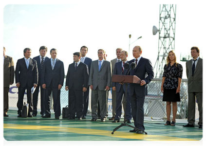 Prime Minister Vladimir Putin attends the naming ceremony for the Vyacheslav Tikhonov research vessel