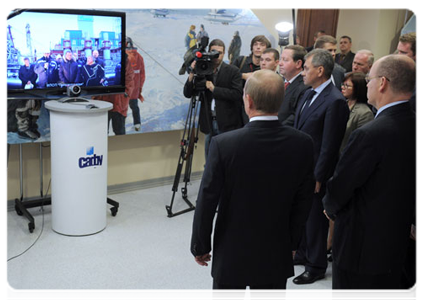 Prime Minister Vladimir Putin during a video conference with the Prirazlomnaya ice-resistant oil platform