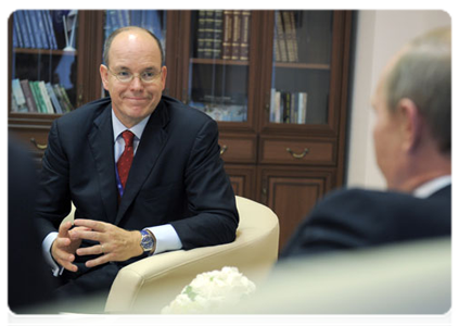 Ruling Prince Albert II of Monaco at a meeting with Prime Minister Vladimir Putin at the International Arctic Forum in Archangelsk