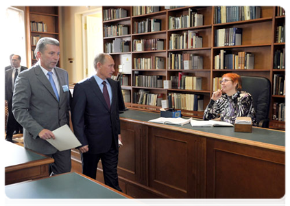 Prime Minister Vladimir Putin at the Russian State Library in Pashkov House before speaking at a conference of the Russian Book Union held there