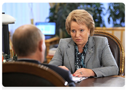 Federation Council Chairperson Valentina Matviyenko at a meeting with Prime Minister Vladimir Putin