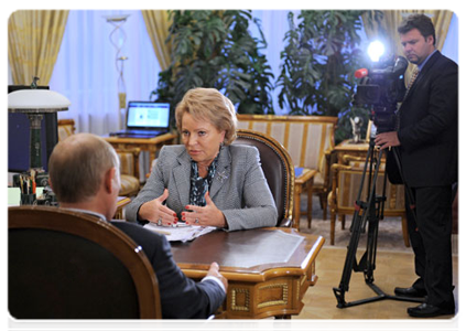 Federation Council Chairperson Valentina Matviyenko at a meeting with Prime Minister Vladimir Putin