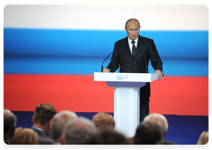 Prime Minister Vladimir Putin attending a United Russia party interregional conference, Strategy of Social and Economic Development for Russia’s Northwestern Regions to 2020: Programme for 2011-2012, in Cherepovets