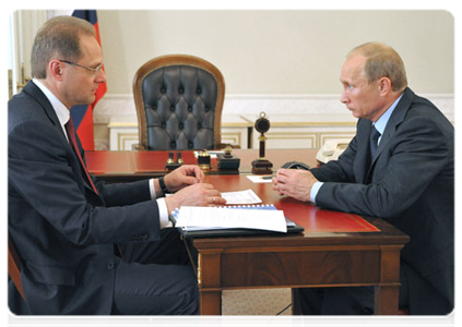 Prime Minister Vladimir Putin during a working meeting with Novosibirsk Governor Vasily Yurchenko in St Petersburg