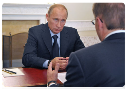 Prime Minister Vladimir Putin during a working meeting with Novosibirsk Governor Vasily Yurchenko in St Petersburg