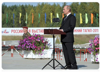 Prime Minister Vladimir Putin addresses attendees of the 8th International Exhibition of Arms, Military Equipment and Ammunition in Nizhny Tagil