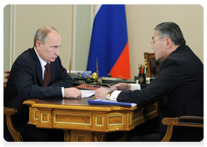 Prime Minister Vladimir Putin during a meeting with the Head of the Republic of Kalmykia, Alexei Orlov