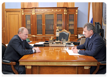 Prime Minister Vladimir Putin during a meeting with Minister of Civil Defence, Emergencies and Disaster Relief Sergei Shoigu
