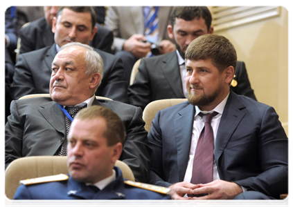 Leader of North Ossetia – Alaniya Taimuraz Mamsurov and Chechen leader Ramzan Kadyrov at the Forum of Ethnic Groups of Southern Russia