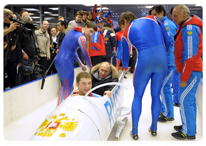 Prime Minister Vladimir Putin visits the bobsleigh, luge and skeleton complex in Paramonovo in the Moscow Region and rides down the bobsleigh track