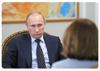 Prime Minister Vladimir Putin at a meeting with Minister of Economic Development Elvira Nabiullina