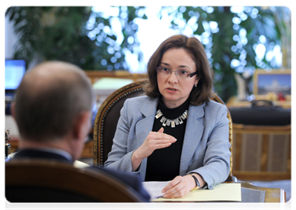 Minister of Economic Development Elvira Nabiullina at a meeting with Prime Minister Vladimir Putin