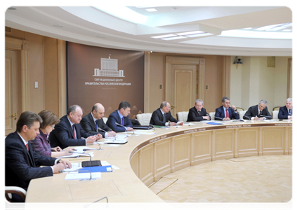 Prime Minister Vladimir Putin holds a videoconference on progress on the federal targeted programme to improve the reliability of residential buildings and other important facilities in seismically active regions in 2009-2014