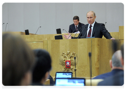 Prime Minister Vladimir Putin delivering annual government report to parliament