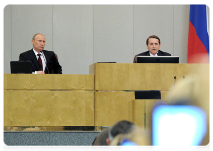 Prime Minister Vladimir Putin and State Duma Speaker Sergei Naryshkin at a session of the State Duma