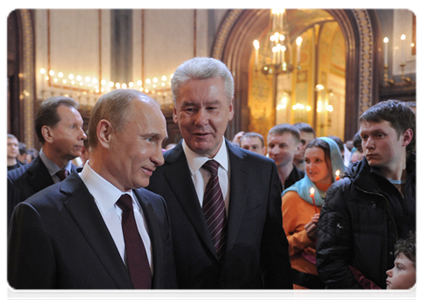 Prime Minister Vladimir Putin and Moscow Mayor Sergei Sobyanin attending the festive Easter service at Christ the Saviour Cathedral