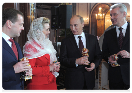 President Dmitry Medvedev with his wife Svetlana, Prime Minister Vladimir Putin and Moscow Mayor Sergei Sobyanin attending the festive Easter service at Christ the Saviour Cathedral