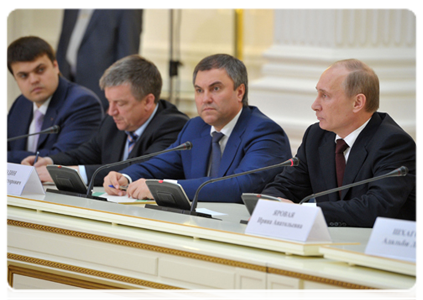 Prime Minister Vladimir Putin at a meeting with core members of the United Russia party